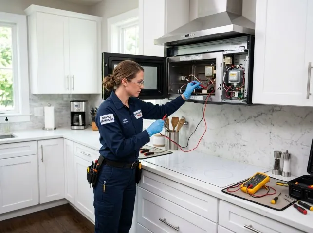 Appliance Repair Hero technician testing an over-the-range microwave in a Buckingham, PA kitchen